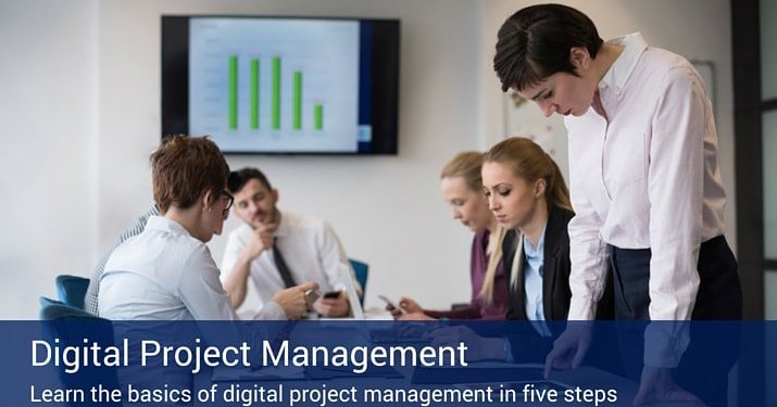 A conference room full of people sitting around a table looking down at paperwork with a tv screen in the background that has a green barchart on it, with a banner at the bottom of the image that says "Digital Project Management".