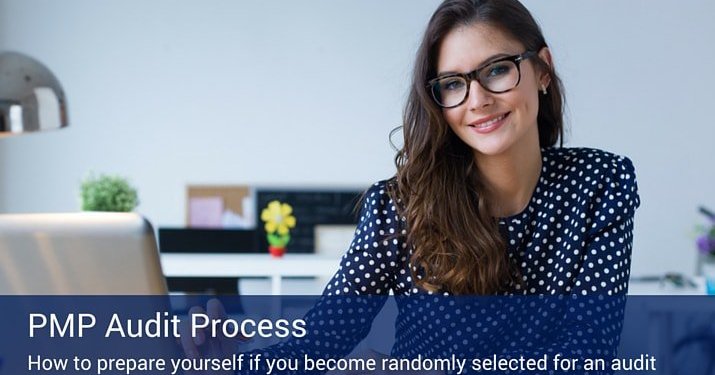 A woman with glasses in a black and white polka dot shirt smiling into the camera while on her laptop, with a banner along the bottom of the image that says "PMP Audit Process."