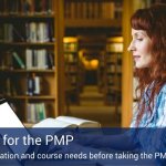 A woman sitting by herself in a library on her computer with a book on the table next to her, and a banner at the bottom of the screen that reads "Planning for PMP".