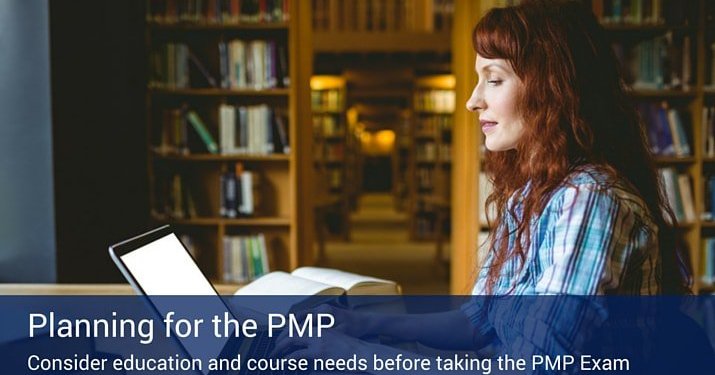 A woman sitting by herself in a library on her computer with a book on the table next to her, and a banner at the bottom of the screen that reads "Planning for PMP".