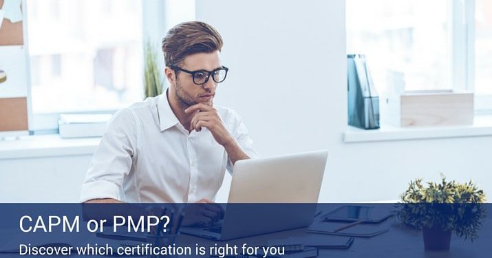 A man sitting in a white office with a laptop and a white button up shirt, with a blue banner at the bottom of the screen that says "CAPM or PMP?".