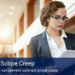 A woman sitting on a couch in an office building lobby looking over paperwork, with a banner that says "contract Scope Creep".
