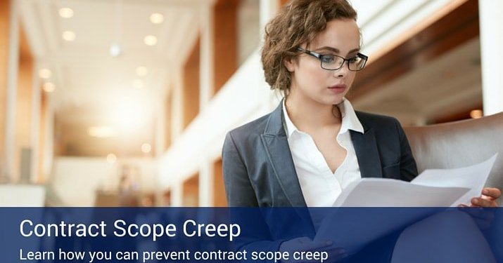 A woman sitting on a couch in an office building lobby looking over paperwork, with a banner that says "contract Scope Creep".