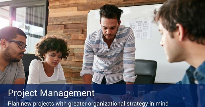 A group of coworkers helping each other on a project in an office with wooden walls and a white board, with a banner on the bottom that says "project management - Plan new projects with greater organizational strategy in mind."