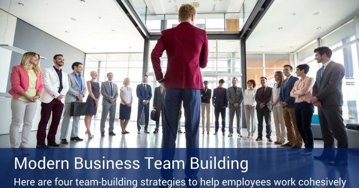 A man in an office looking at a lobby full of employees and there is a banner below the picture that reads "Modern Business Team Building".