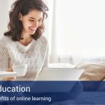 A woman sitting on the couch at home, working on her laptop smiling, and a blue banner at the bottom of the image that says "Online Education".