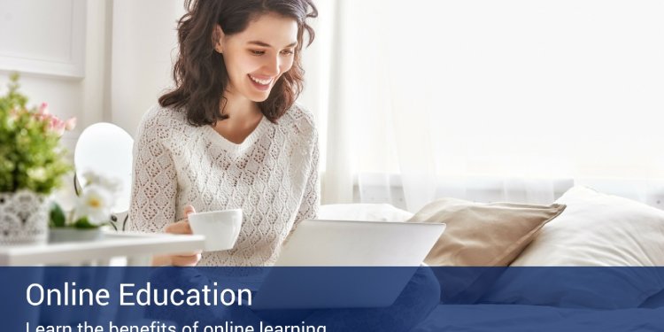 A woman sitting on the couch at home, working on her laptop smiling, and a blue banner at the bottom of the image that says "Online Education".