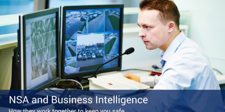 A man sitting down looking at two security computer monitors that have camera footage from around the office building.