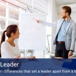 A man giving a presentation on leadership to his co-workers with a white board and a red marker.