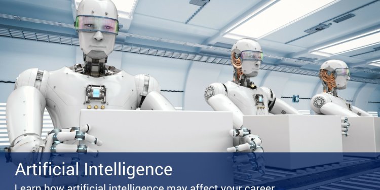 Three artificial intelligence robots that look like humans standing side by side loading boxes on an assembly line, with a banner at the bottom of the image that says "artificial intelligence".