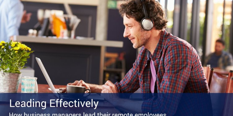 A man working on his computer wearing headphones, and the bottom of the image says "leading effectively".