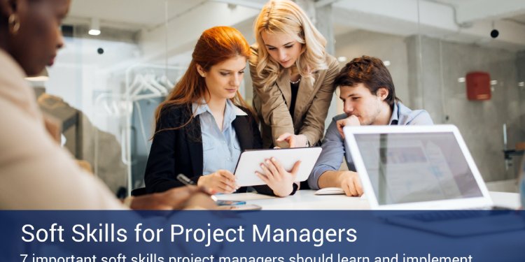 Communication is one of the essential soft skills of project management. Three co-workers working together looking at a smart tablet and another employee working at the opposite end of the table on her computer.