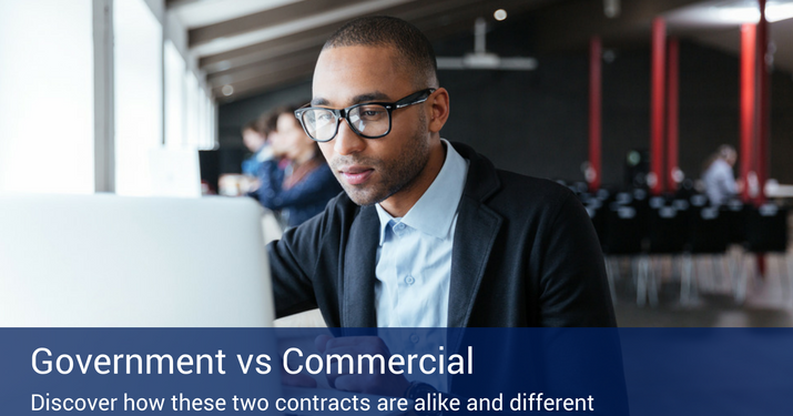 A man sitting down on a white laptop with a blue banner across the bottom of the image that reads "Government vs. Commercial".