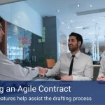 Three people in an office shaking hands in a meeting in a modern office with big glass windows, and a blue banner across the bottom that reads "Designing an Agile Contract" in large white letters.