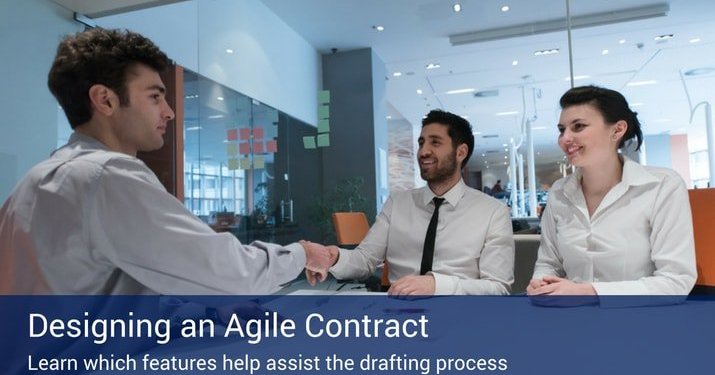 Three people in an office shaking hands in a meeting in a modern office with big glass windows, and a blue banner across the bottom that reads "Designing an Agile Contract" in large white letters.