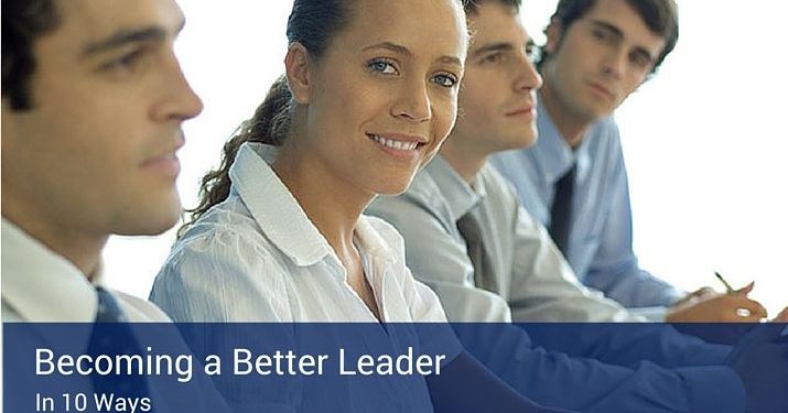 A group of co-workers sitting side by side with a blue banner that says "Becoming a better leader".