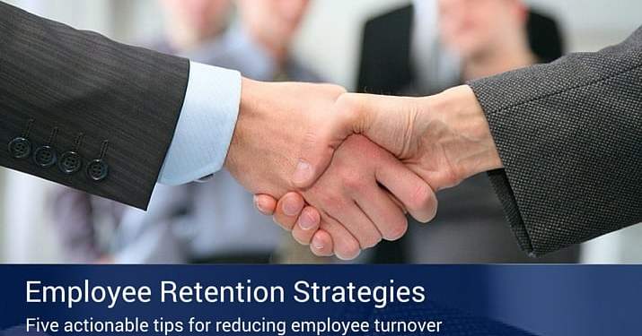 Two business professionals shaking hands with a banner below them that says " Employee Retention Strategies".