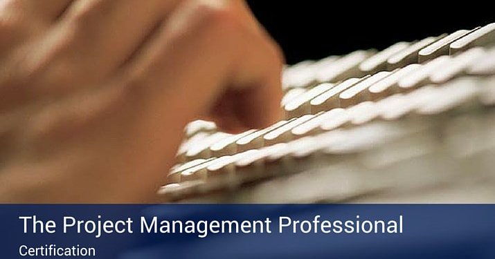 Hands typing on a computer keyboard with a blue banner across the bottom of the image that reads "The Project Management Professional - certification".