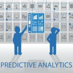 An illustration of two blue people looking at a wall of hundreds of steps and charts related to predictive analytics, with "predictive Analytics" in big blue letters at the bottom of the image.