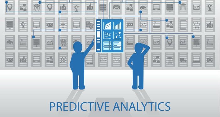 An illustration of two blue people looking at a wall of hundreds of steps and charts related to predictive analytics, with "predictive Analytics" in big blue letters at the bottom of the image.