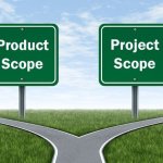 A illustration of a fork in the road that has two green highway signs that say "product scope" on the left and "project scope" on the right path as well.
