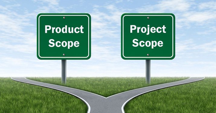 A illustration of a fork in the road that has two green highway signs that say "product scope" on the left and "project scope" on the right path as well.