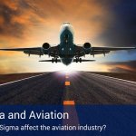 An airplane taking off with a sunset in the background and a blue banner at the bottom of the image that reads "Six sigma and aviation" and below that in smaller letters it says "How does six sigma affect the aviation industry?".