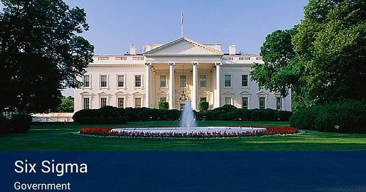 A picture of the White House that has a banner below that says " Six Sigma - Government".