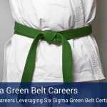 A white Tae Kwon Do uniform and a green belt with a banner below that says "six sigma green belt careers".