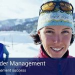 A woman skiing with others behind her and banner at the bottom of the image that reads "stakeholder management" in large bold letters and "project management success" below.