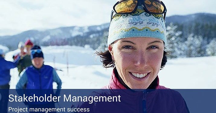 A woman skiing with others behind her and banner at the bottom of the image that reads "stakeholder management" in large bold letters and "project management success" below.