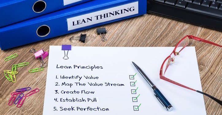 A cluttered desk with glasses, binder clips, a keyboard and a piece of paper that lists out the Lean Principles in a checklist, next to two binders with "Six Sigma" and "Lean Thinking" printed on the spines.