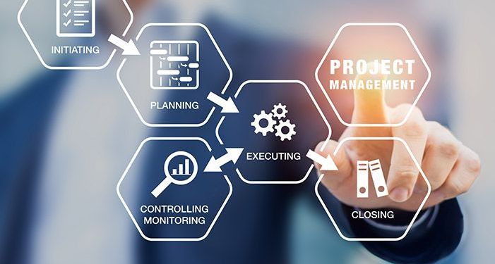 A depiction of the process of project management, with five different holographic hexagons that each read the parts of project managementincluding "Initiating, planning, Executing, controlling monitoring and closing".