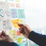 A project manager visualizes the iron triangle of project management by posting multi-colored sticky notes to a whiteboard.