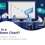 Graphic showing office team members working together to make a burndown chart.