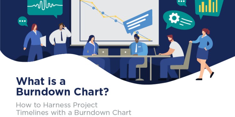 Graphic showing office team members working together to make a burndown chart.