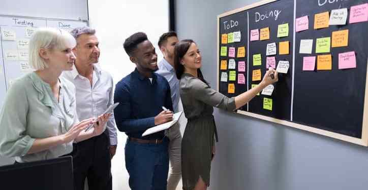 Diverse group of project team members standing in front of a sticky board looking at list of projects