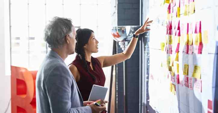 Man and woman looking at colorful adhensive notes on whiteboard in an office