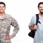 Soldier and young man with backpack smiling next to each other