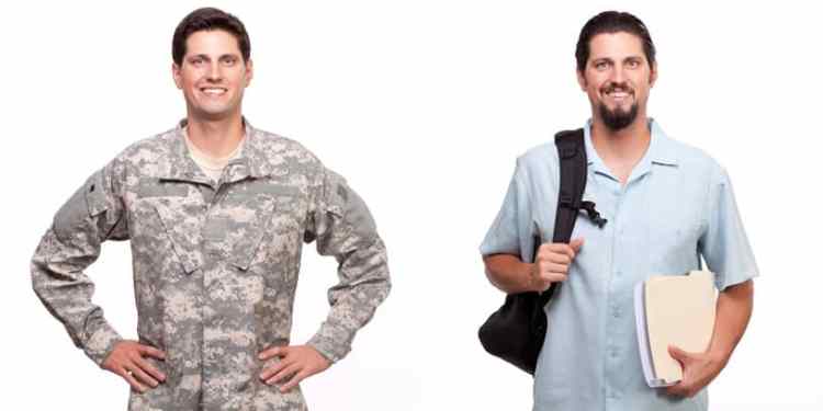 Soldier and young man with backpack smiling next to each other