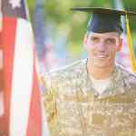 American Soldier with graduation hat in front of American flags